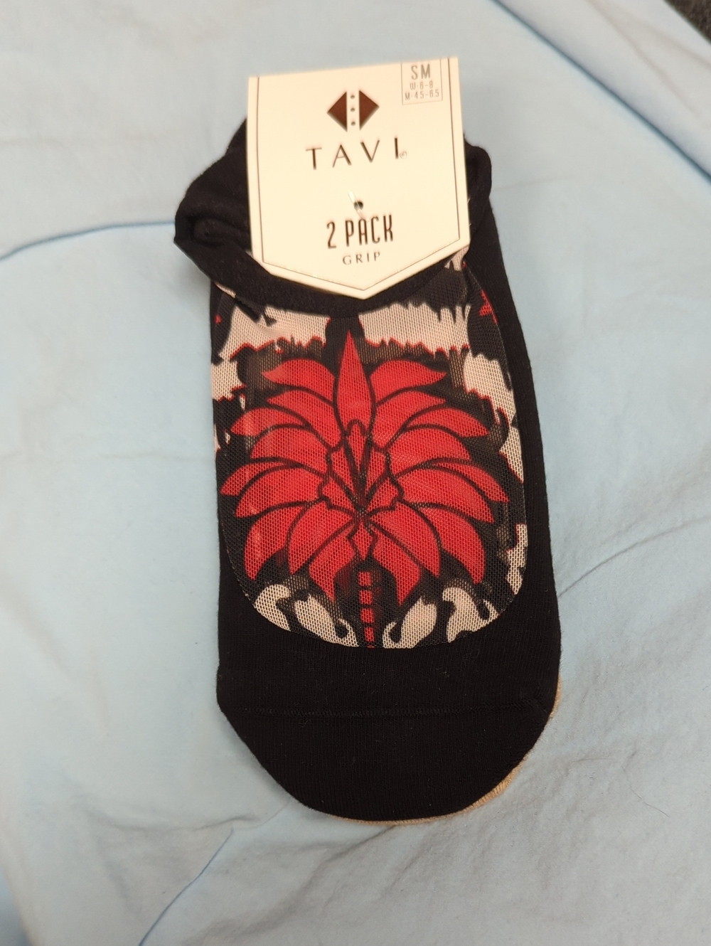 Tavl Women's 2-Pack No-Show Grip Socks - Black with Red Floral